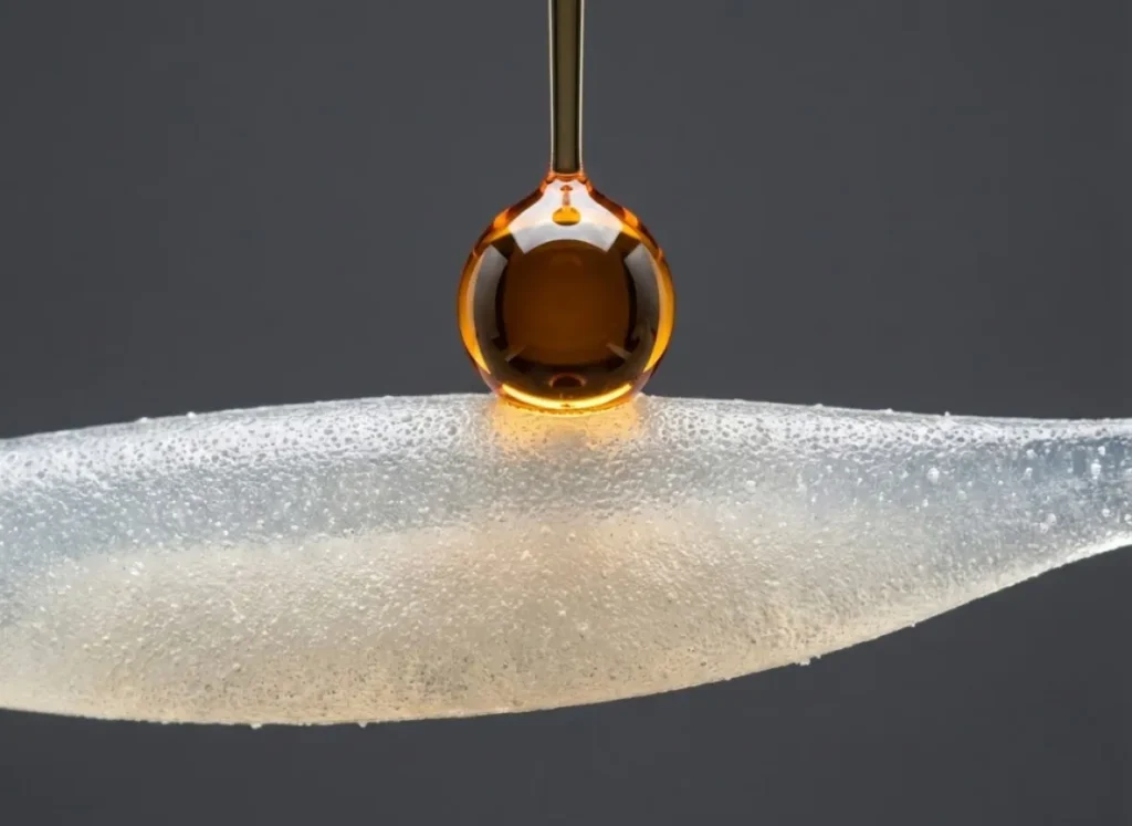 Macro photography of amber fishing scent liquid dropping onto a textured soft plastic lure.
