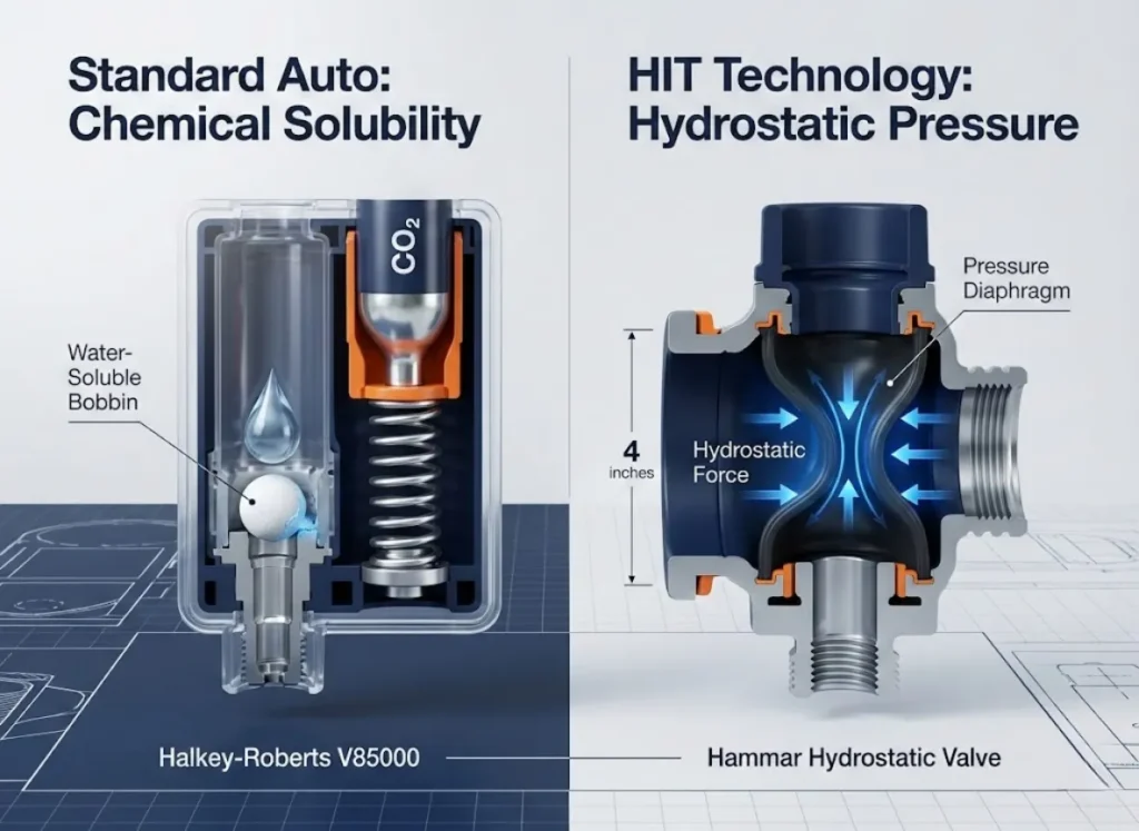 A side-by-side technical cutaway comparison between a Standard Auto water-soluble bobbin inflator and a Hammar Hydrostatic pressure valve for life jackets, rendered in a high-end editorial style.