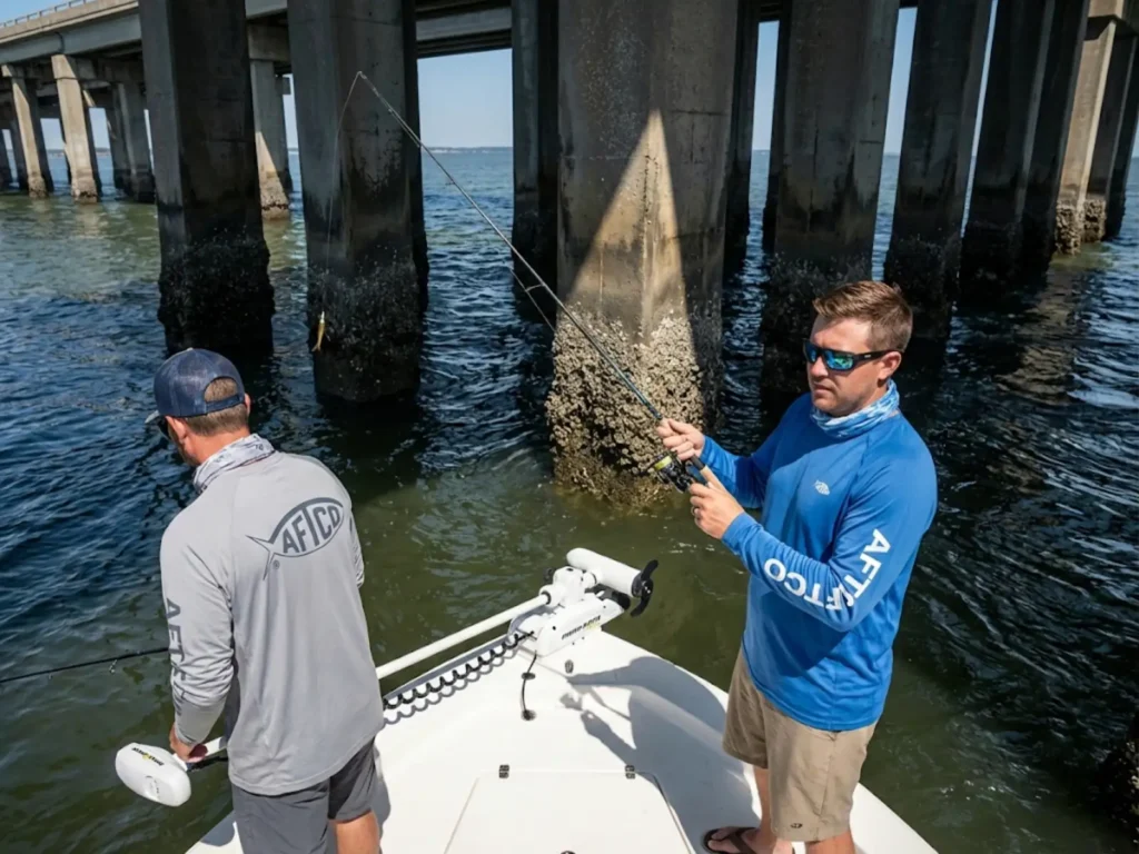 Anglers jigging for striped bass near Chesapeake Bay Bridge pilings with visible current
