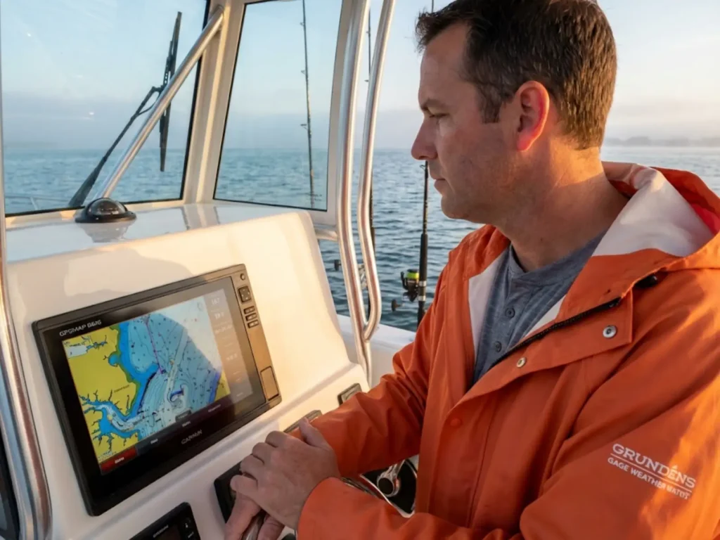 Charter captain studying Garmin chartplotter with Chesapeake Bay fishing waypoints at dawn