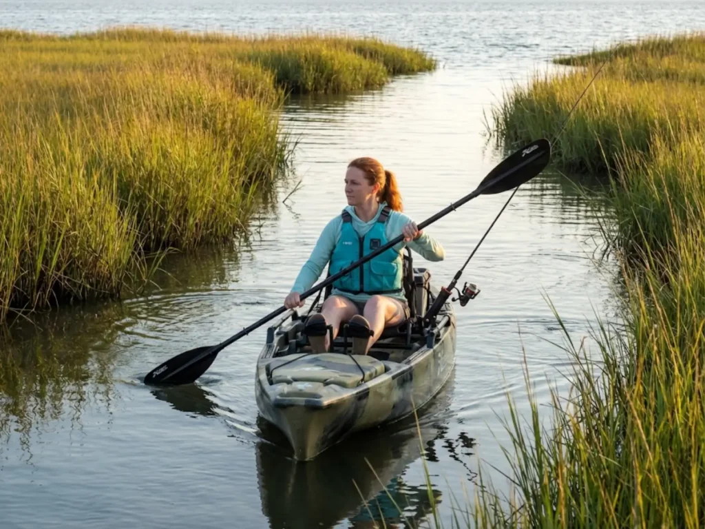 Female kayak angler paddling Hobie Pro Angler through Chesapeake Bay marsh toward open water