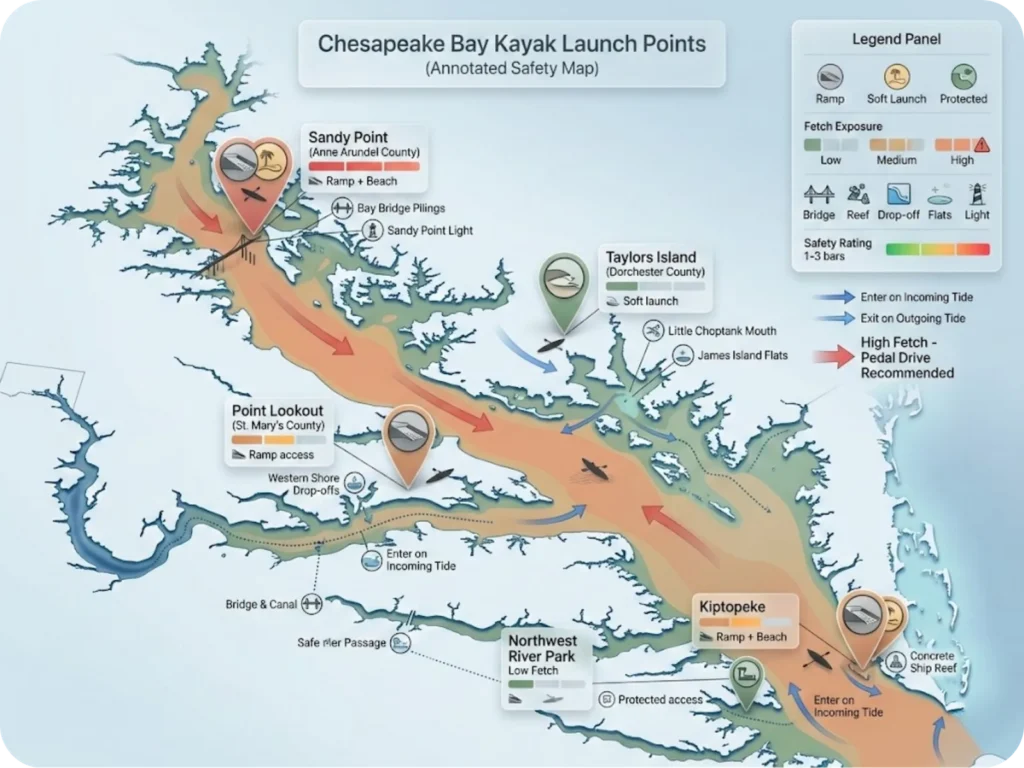 Comprehensive Chesapeake Bay kayak fishing launch point map with facility types, fetch exposure ratings, and nearby target structures for safe access planning.