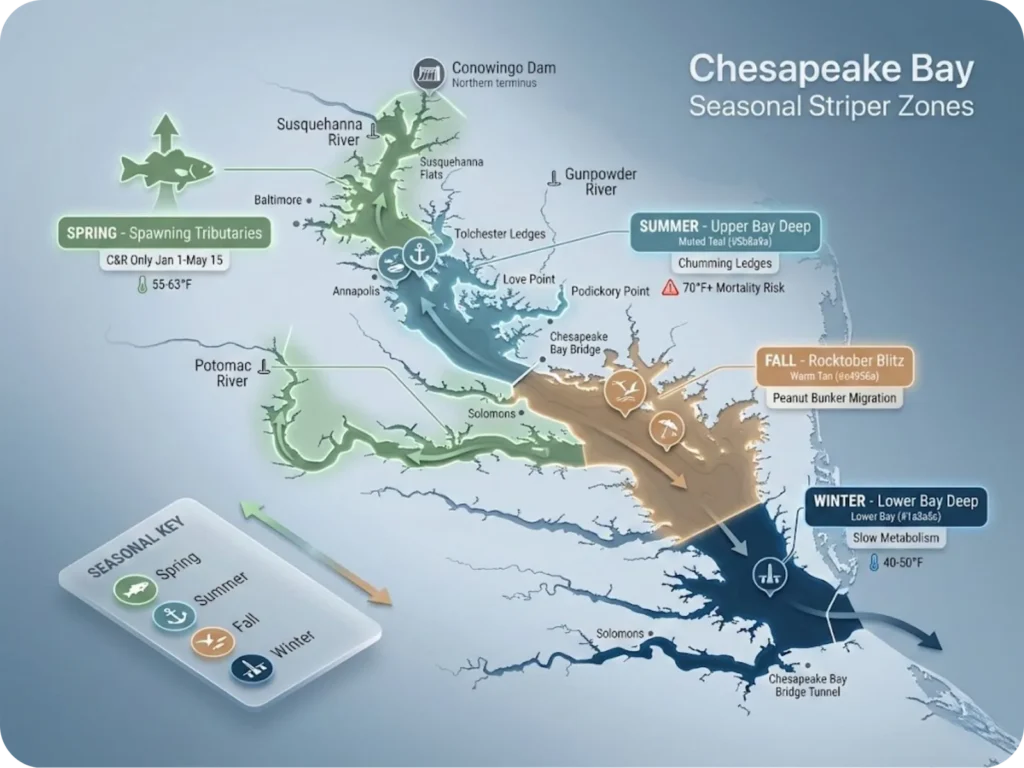 Annotated Chesapeake Bay map showing color-coded primary striped bass fishing zones by season with tributary, upper Bay, and mid-Bay locations marked.