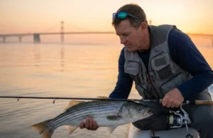 Chesapeake Bay Striped Bass: Where to Fish, When to Wait Angler releasing large striped bass in Chesapeake Bay at sunrise near Bay Bridge