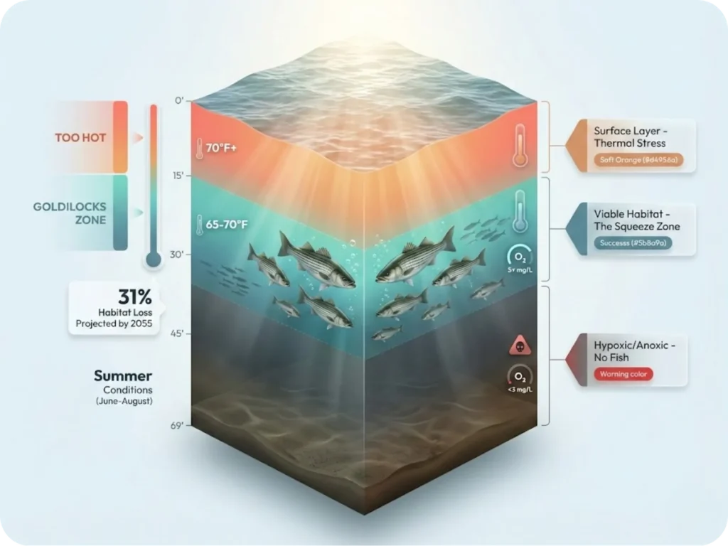 Vertical cross-section diagram of Chesapeake Bay showing summer thermal stratification and oxygen zones that compress striped bass into narrow mid-water habitat band.