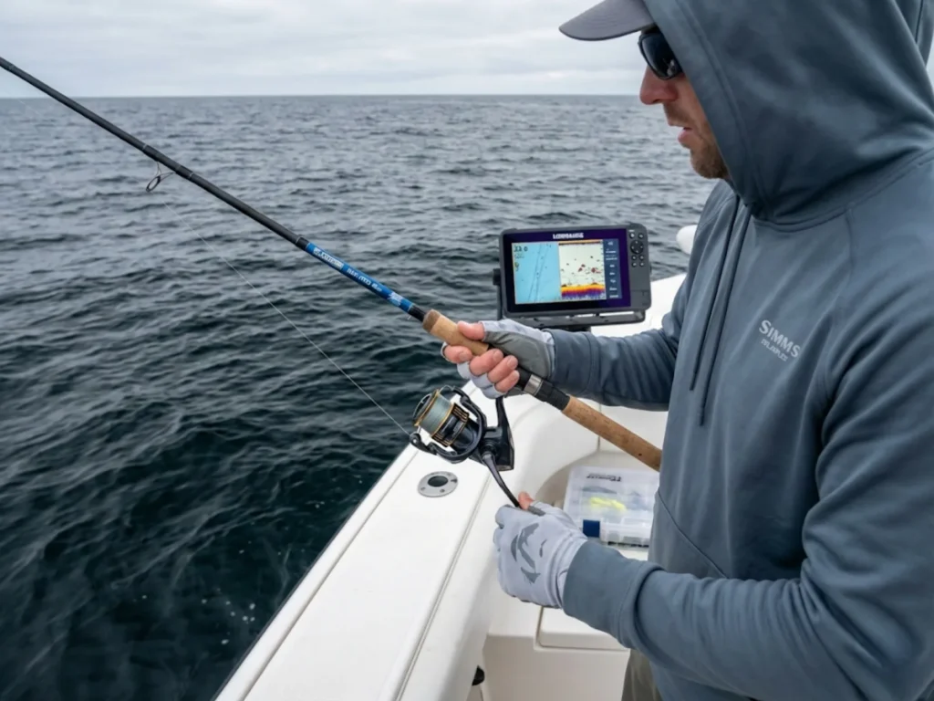 Angler vertical jigging for striped bass with G.Loomis rod and braided line in Chesapeake Bay