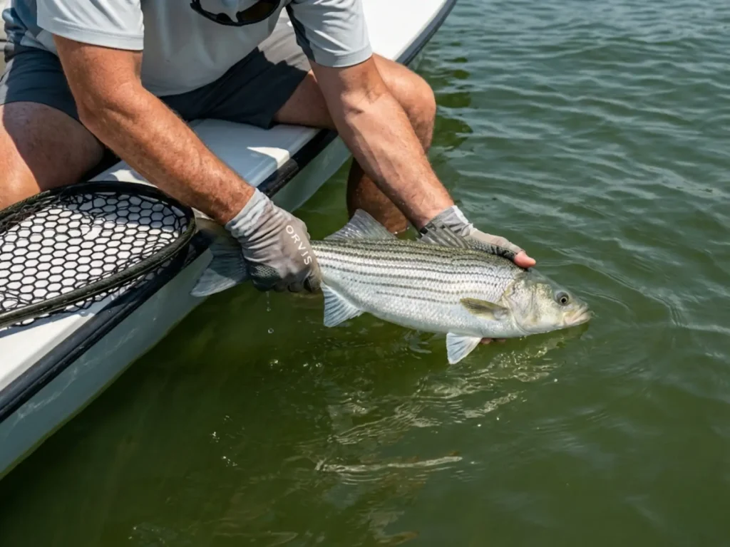 Angler carefully reviving striped bass at water level for ethical catch-and-release in summer heat