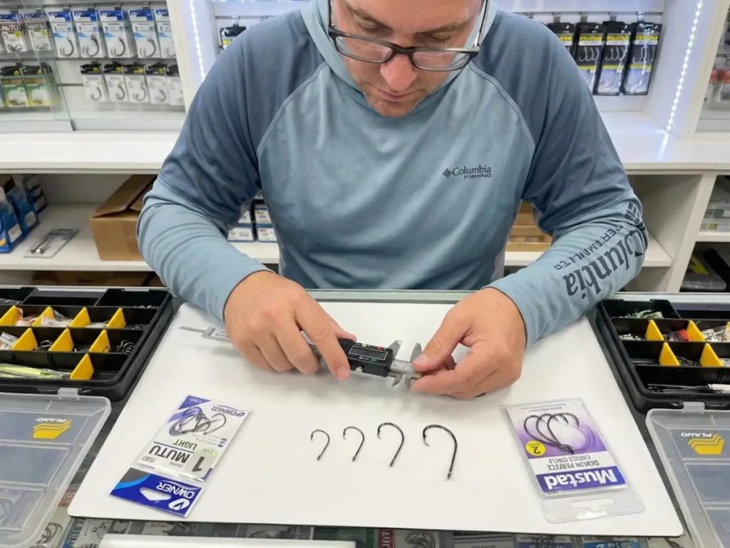 Tackle expert comparing circle hook wire gauge and sizing between Owner and Mustad brands using precision calipers