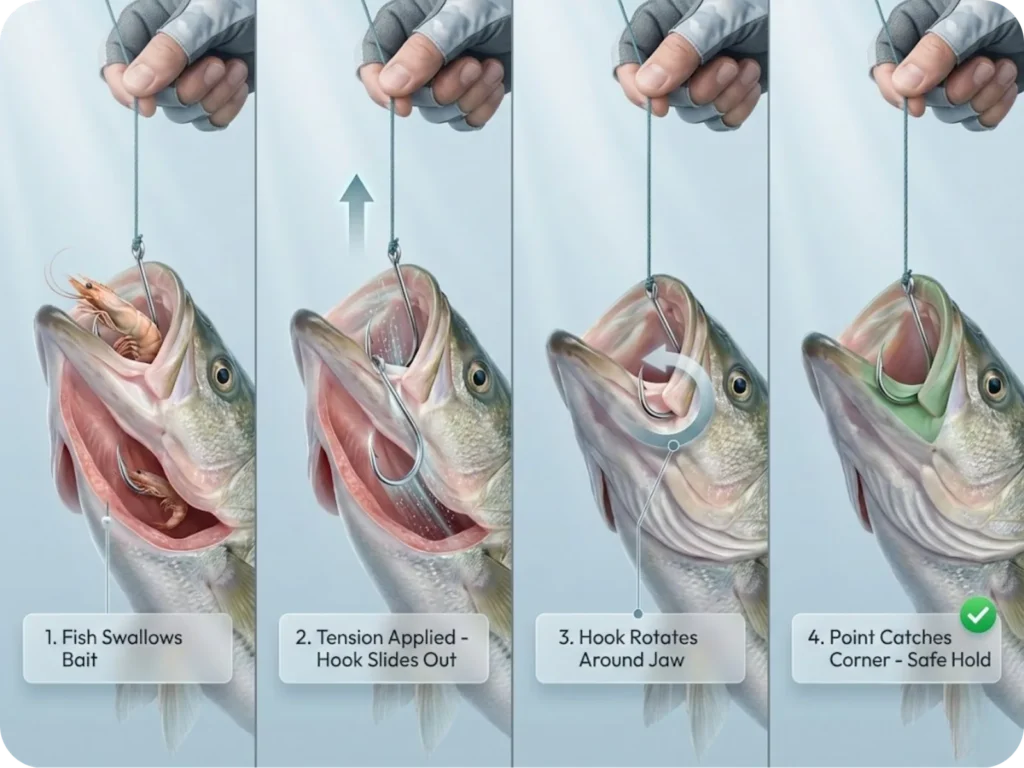 Four-step photorealistic sequence showing circle hook self-setting mechanism: fish ingests baited hook, angler tension slides hook from throat, hook rotates around jaw, and point catches mouth corner safely.