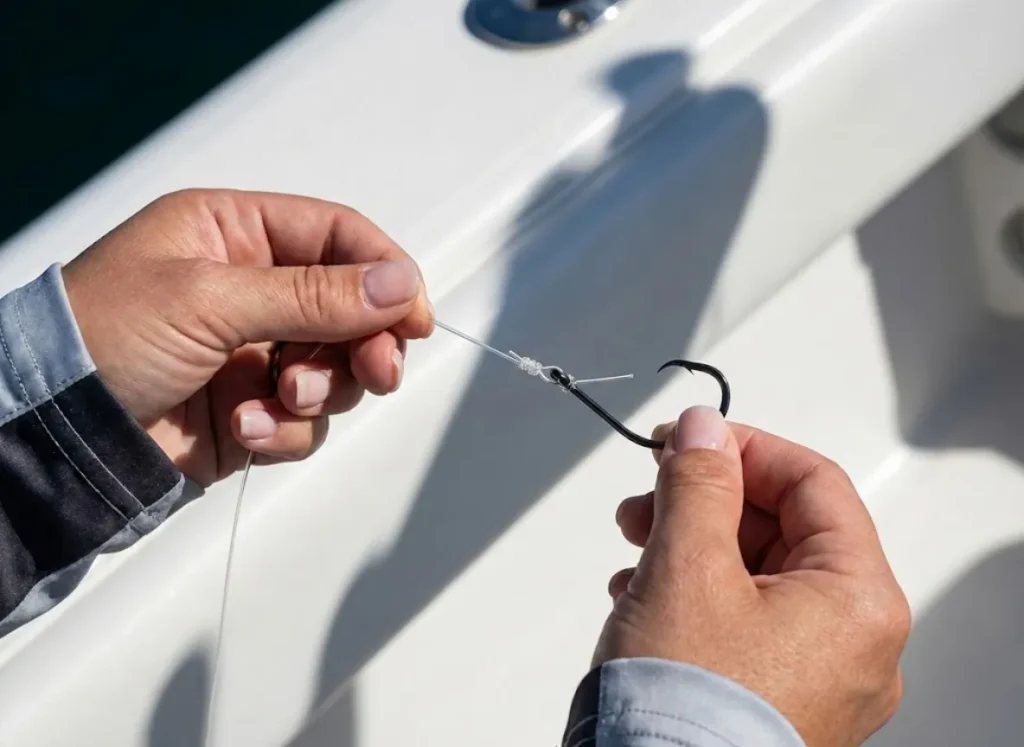 Close-up detailing the physics of a Snell knot on a circle hook, showing the line entering the front of the eye for proper rotation.