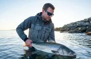 Switch to Circle Hooks for Safer Releases A professional angler in Simms gear gently releasing a large striped bass into the ocean at sunrise, highlighting sustainable fishing practices.