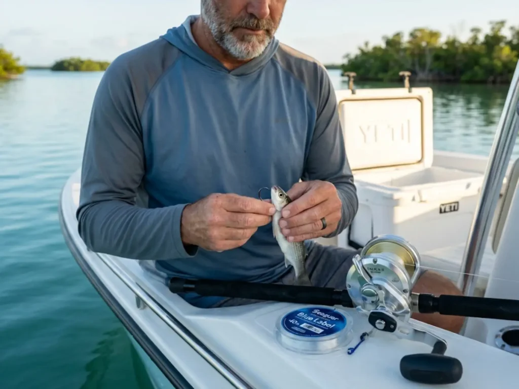 Angler rigging circle hook through live bait demonstrating deep hooking prevention technique for catch and release