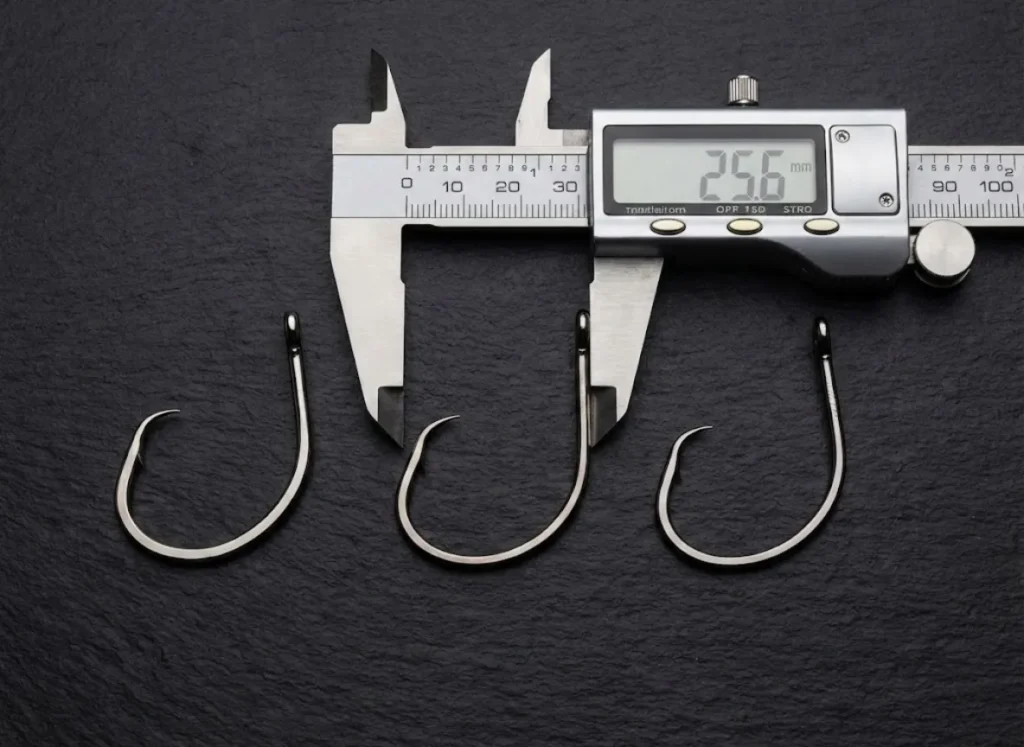 A comparison of Mustad, Owner, and Gamakatsu circle hooks with digital calipers measuring gap width for proper sizing.