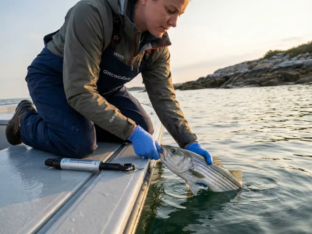 Marine biologist releasing Striped Bass using circle hooks and proper handling for maximum survival rates