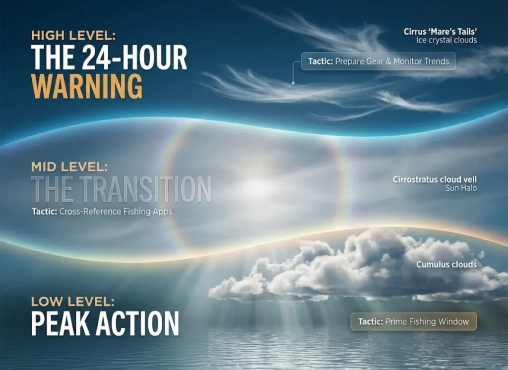 A vertical tiered infographic for anglers showing the progression of cloud formations from High altitude Cirrus (Warning) to Mid-level transition clouds and Low-level Action clouds, correlating weather patterns with fishing preparation tactics.