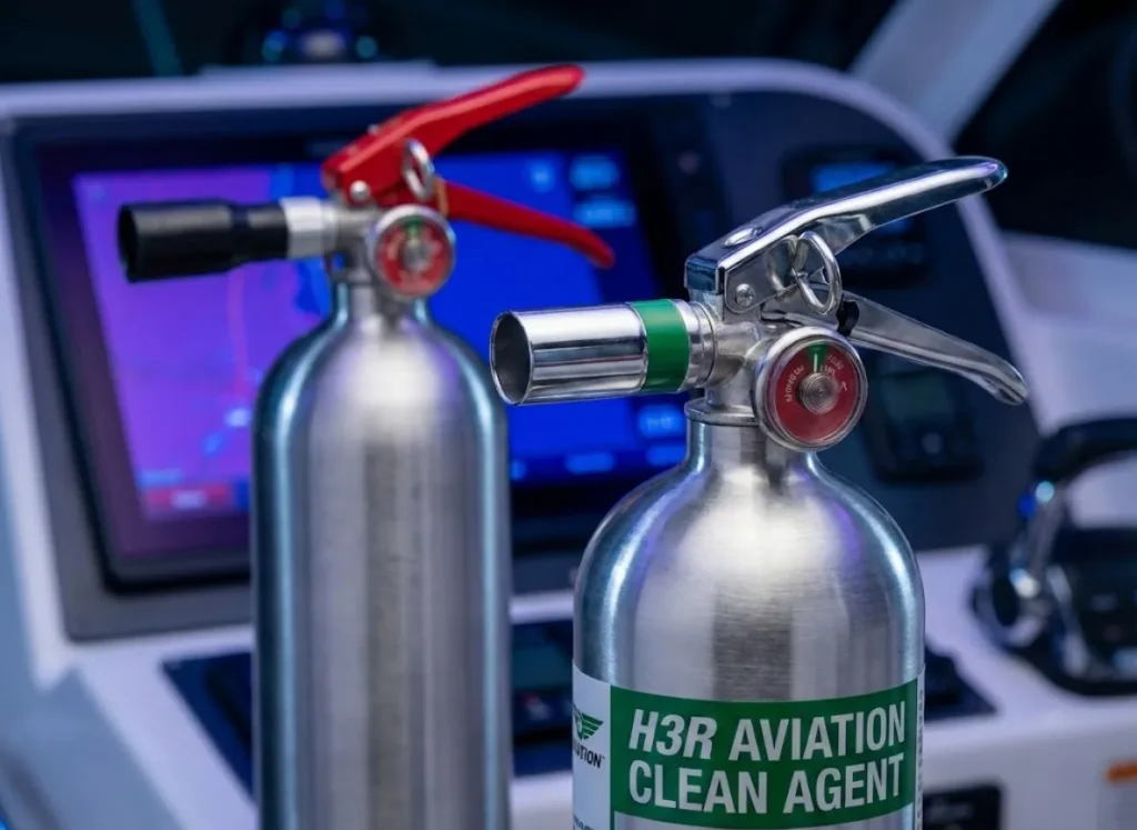Macro photography of a chrome clean agent fire extinguisher nozzle next to marine electronics.