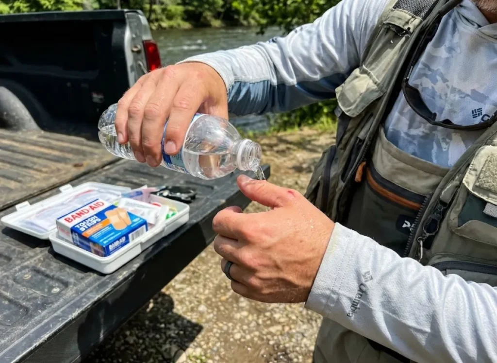Irrigating a fish hook puncture wound with clean bottled water in the field.