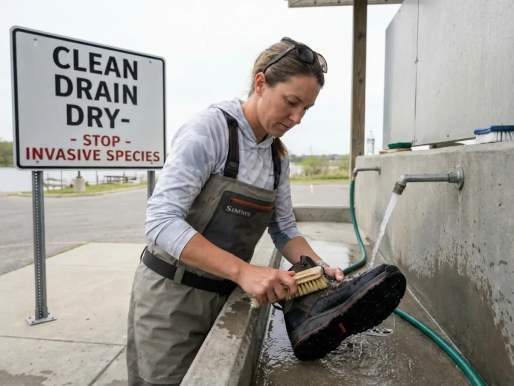 Angler scrubbing Simms wading boots at a clean drain dry wash station