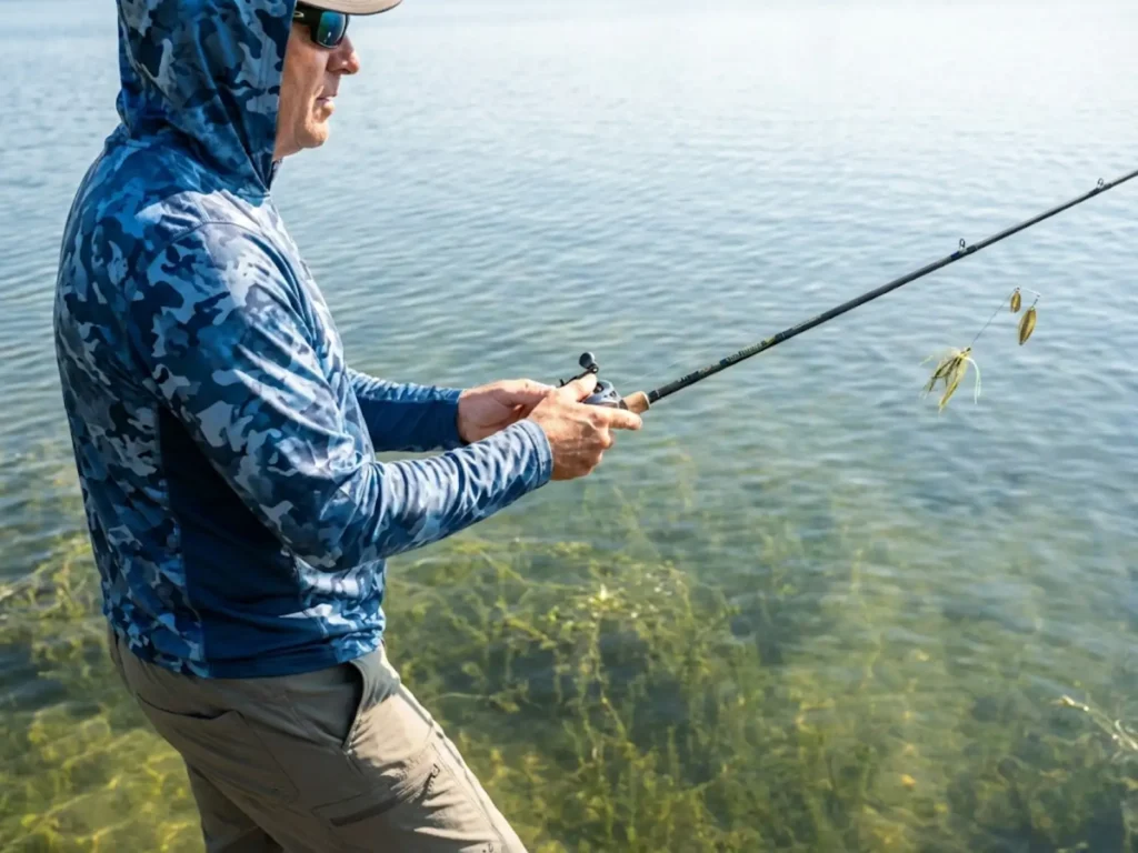 Experienced angler casting spinnerbait in clear water wearing Huk performance gear
