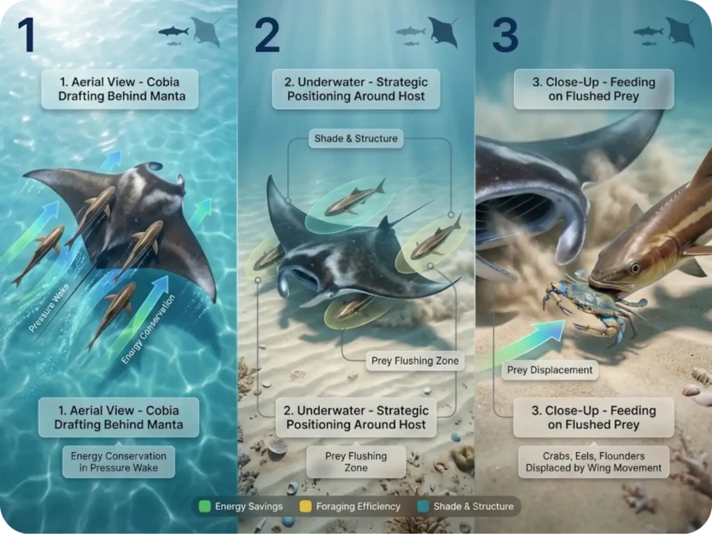 Three-panel photorealistic sequence documenting cobia commensal behavior with giant manta rays: aerial view showing trailing cobia, underwater perspective of positioning around the ray, and close-up of feeding on flushed prey.