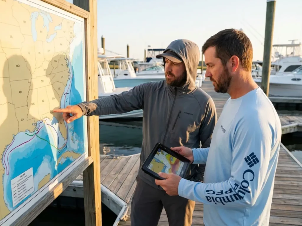 Anglers studying cobia migration routes and stock boundaries on Atlantic and Gulf coast map