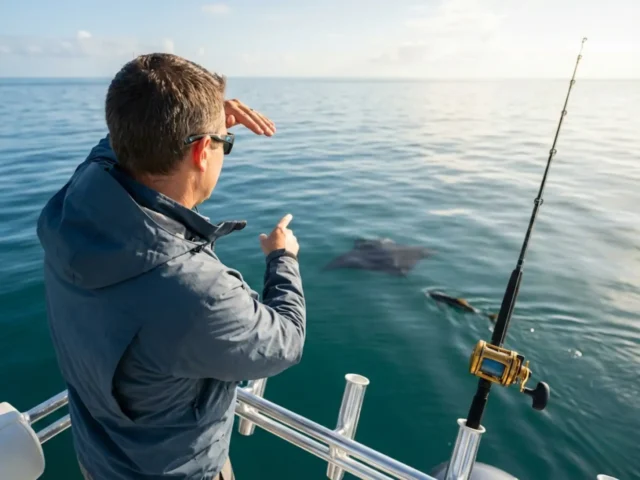 cobia-migration-spotting-manta-ray-tower Angler spotting cobia following manta ray from boat tower during spring migration off Florida coast