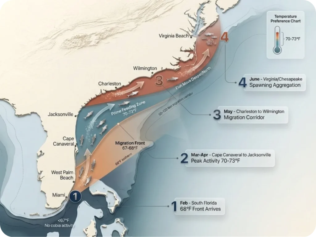 Educational map showing the northward progression of the 68°F water temperature isotherm along the U.S. Atlantic coast from February to June, with color-coded thermal zones and cobia migration arrows tracking the thermal front from South Florida to Chesapeake Bay.