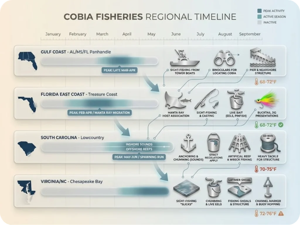 Regional cobia migration timeline showing seasonal windows for Gulf Coast, Florida East Coast, South Carolina, and Virginia/North Carolina, with peak timing indicators, primary fishing tactics icons, and optimal water temperature ranges for each region.