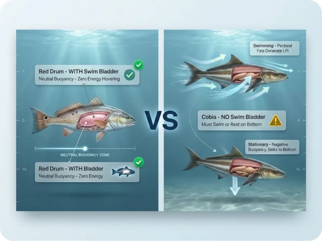 Educational side-by-side comparison showing a Red Drum with swim bladder hovering mid-water versus a Cobia without swim bladder sinking when stationary, illustrating hydrodynamic lift generation through pectoral fin movement.