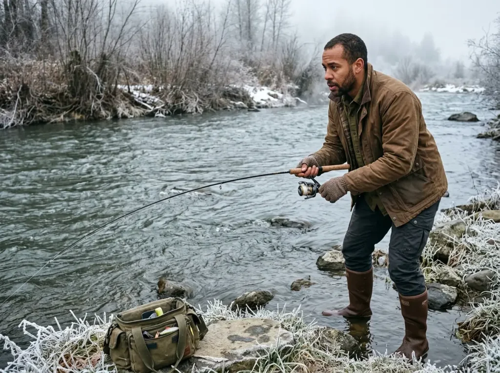 Angler fishing cold open water in winter with Berkley Trilene XL mono on a spinning reel