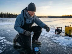 Do You Need Special Cold Water Line? Often Not Angler spooling Sufix Ice Magic cold water mono onto an ice reel at a frozen lake at dawn
