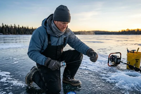 Do You Need Special Cold Water Line? Often Not Angler spooling Sufix Ice Magic cold water mono onto an ice reel at a frozen lake at dawn