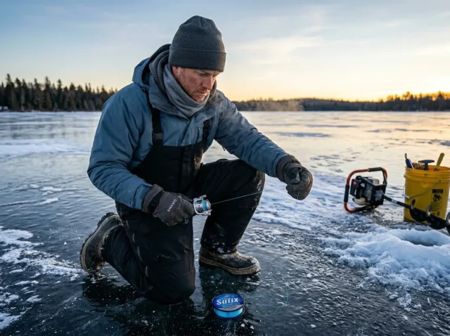 cold-water-fishing-line-spooling-ice-reel Angler spooling Sufix Ice Magic cold water mono onto an ice reel at a frozen lake at dawn