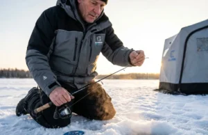 Cold Water Line Performance Tested: Mono vs Fluoro vs Braid Ice angler threading Seaguar IceX fluorocarbon through rod guides on frozen lake at sunrise