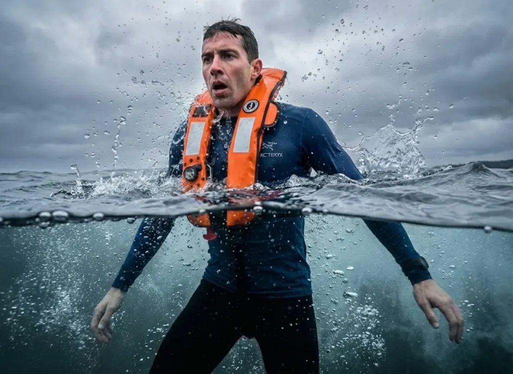 Action shot of an inflatable life jacket automatically deploying the yellow bladder the moment an angler hits the water, preventing cold water shock submersion.