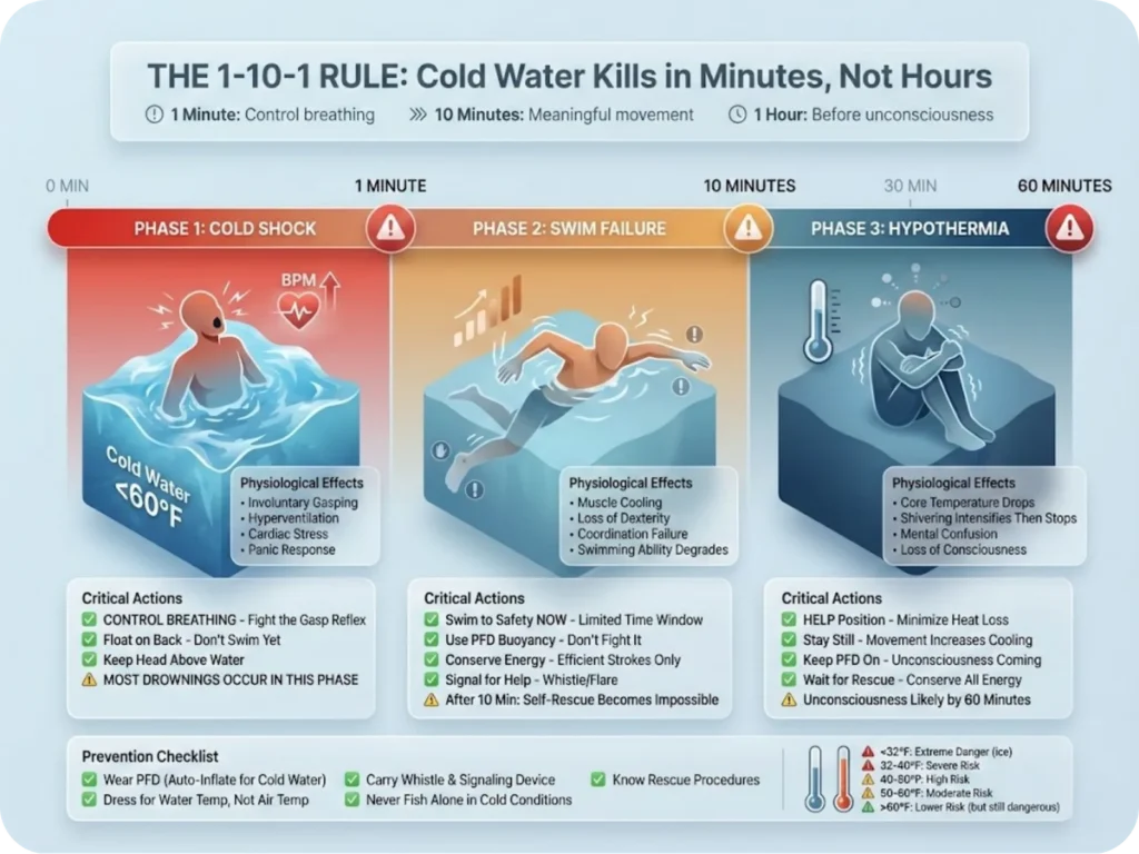 Cold water survival timeline infographic showing the 1-10-1 Rule with critical phases and life-saving actions for hypothermia prevention.