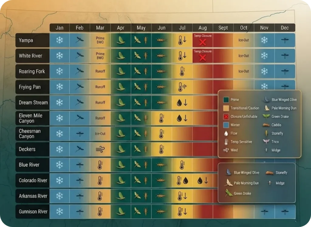 Comprehensive seasonal fishing calendar infographic displaying 12 Colorado rivers with optimal fishing windows, flow conditions, and hatch timing across all 12 months of the year.