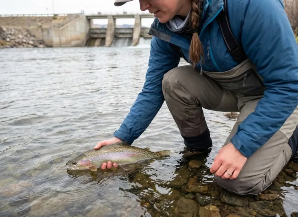 Angler releasing rainbow trout in Colorado tailwater river below dam