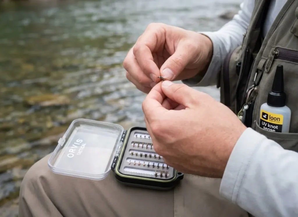 Angler tying small midge fly pattern on light tippet Colorado tailwater setup