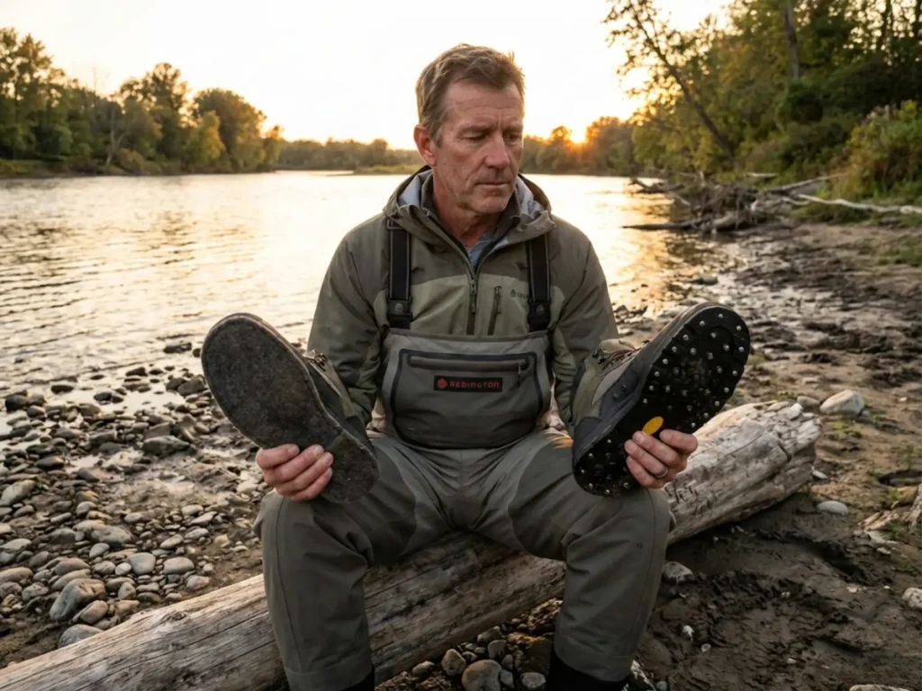 Angler comparing felt vs studded wading boots on a riverbank at sunset