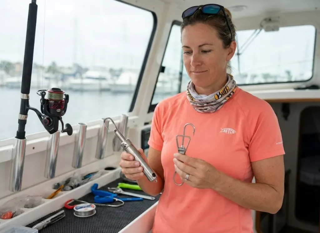 Angler comparing fish descending devices on charter boat tackle station