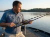 How to Pick the Right Rod Length for Where You Fish Angler comparing 7-foot and 9-foot fishing rod lengths on a bass boat at dawn