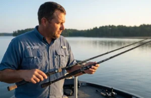 How to Pick the Right Rod Length for Where You Fish Angler comparing 7-foot and 9-foot fishing rod lengths on a bass boat at dawn