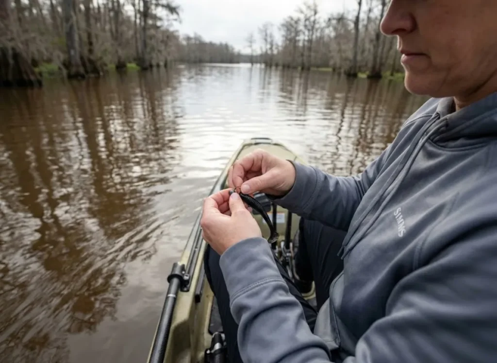 Angler rigging black jig for muddy water using contrast principle silhouette strategy