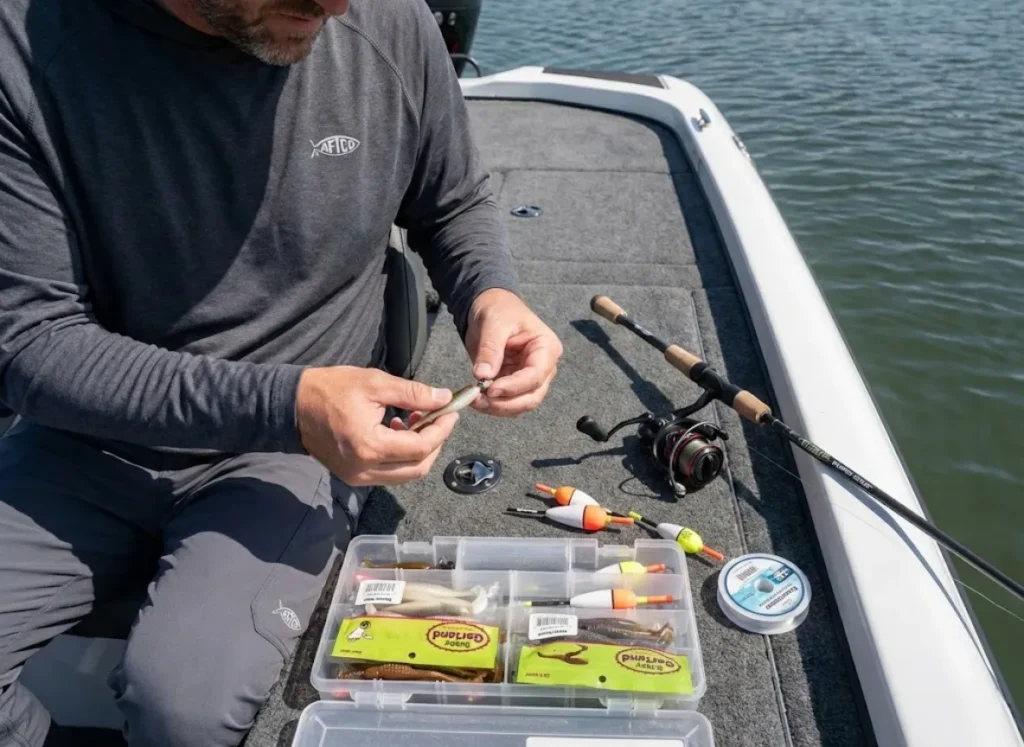 Angler rigging Bobby Garland crappie jig with St. Croix rod and Piscifun reel nearby
