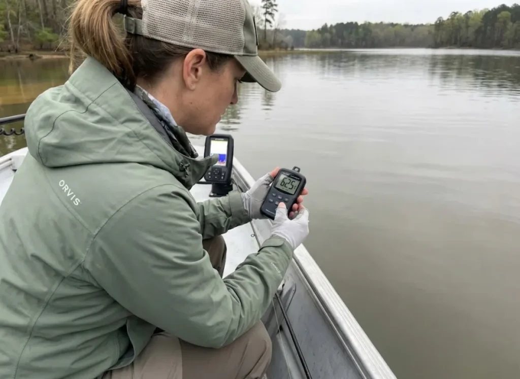 Female angler checking water temperature gauge to track crappie spawn timing