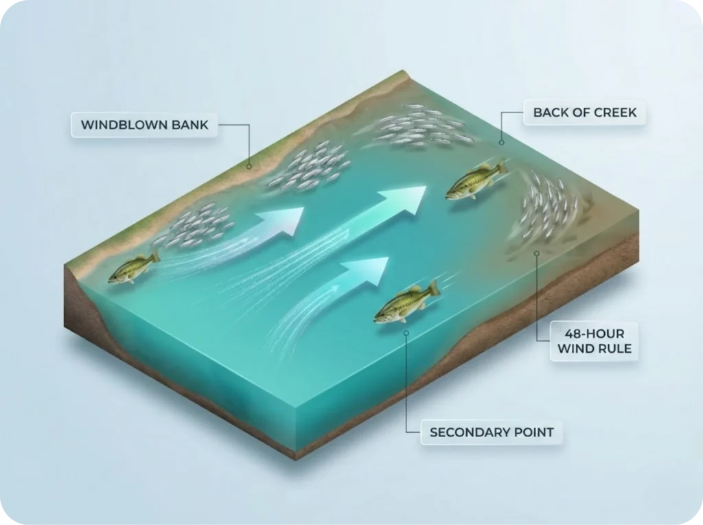 Aerial view infographic of a creek arm showing wind direction arrows, plankton concentration gradient, shad school positions stacked on windblown bank, and bass wolf pack hunting locations with labeled key features.