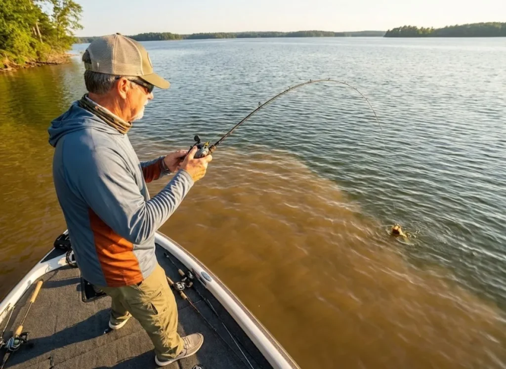 Angler fighting fish at creek mouth confluence where stained water meets clear main lake