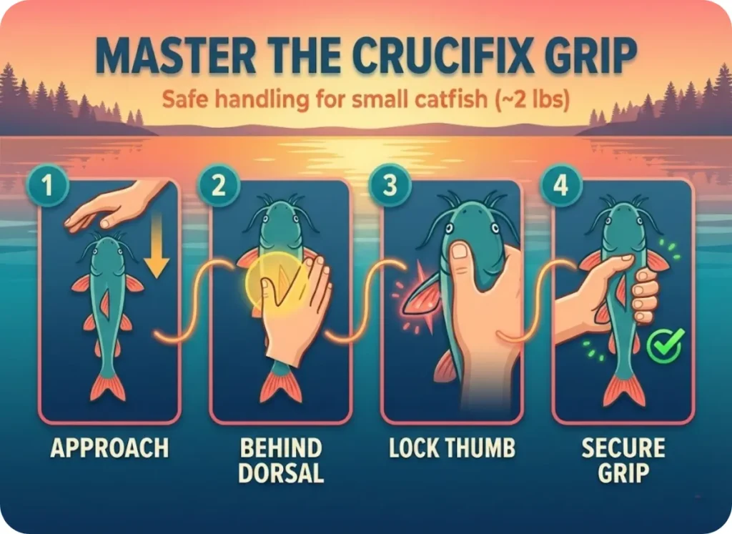 A 4-panel step-by-step instructional infographic showing how to perform the Crucifix Grip on a channel catfish, featuring flat illustrated icons of an angler's hand and a catfish against a sunset lake background.