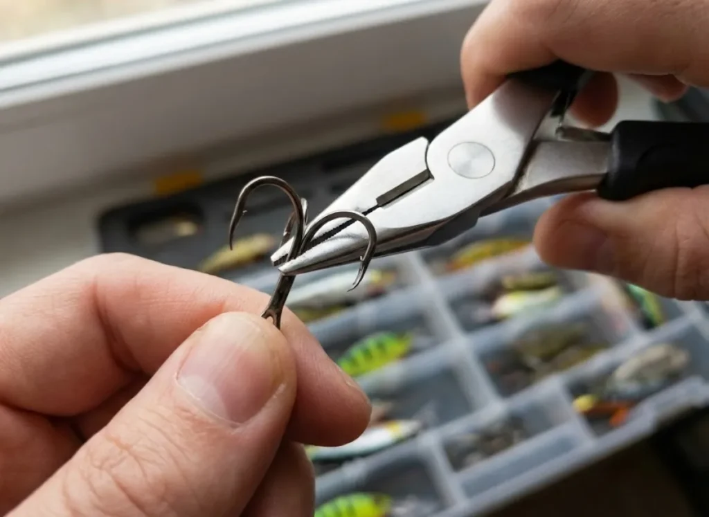 Crushing the barb on a Gamakatsu treble hook using Gerber fishing pliers to make removal easier.